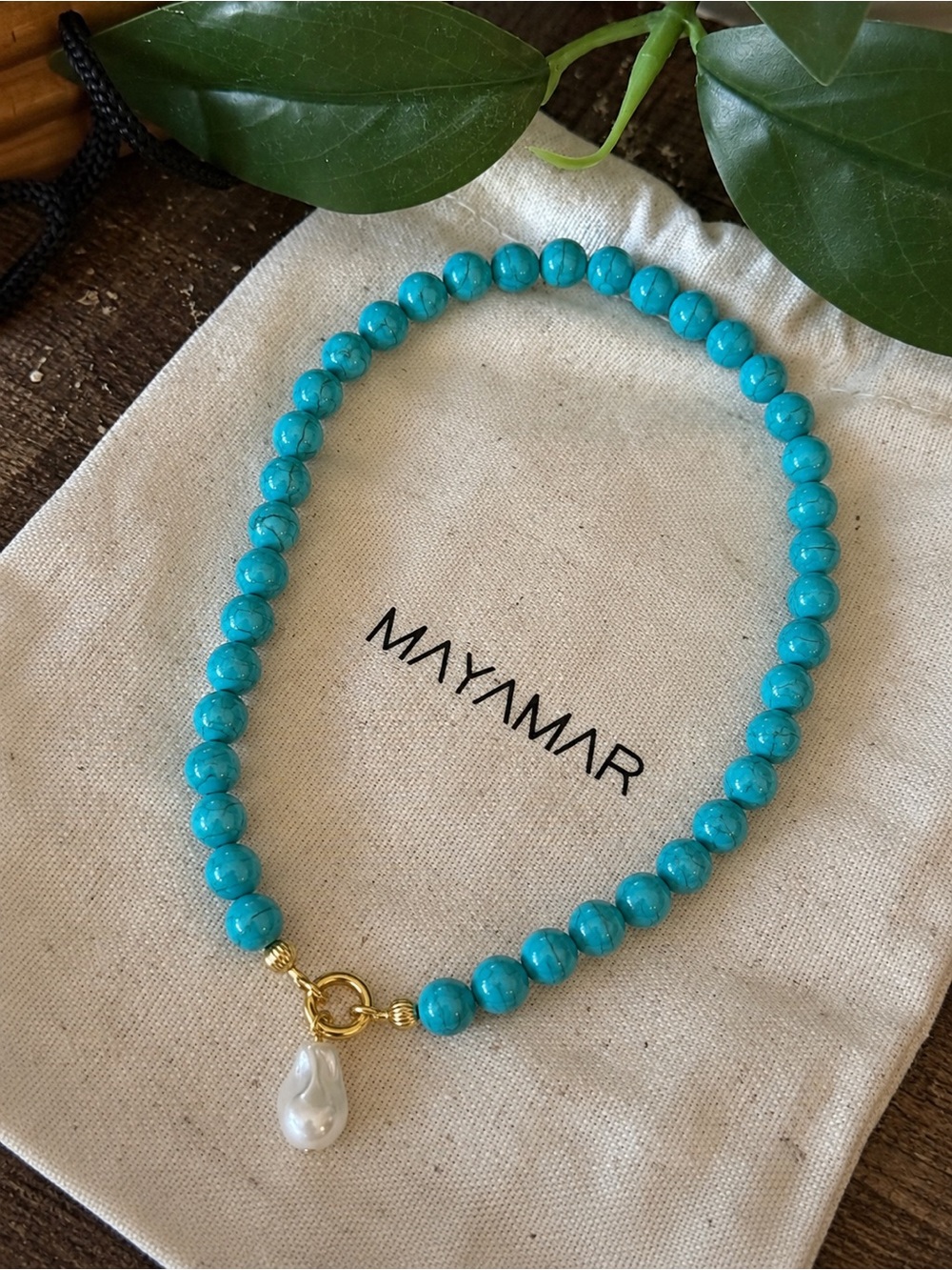 New mayamar genuine Turquoise Beaded Necklace with Pearl Drop -